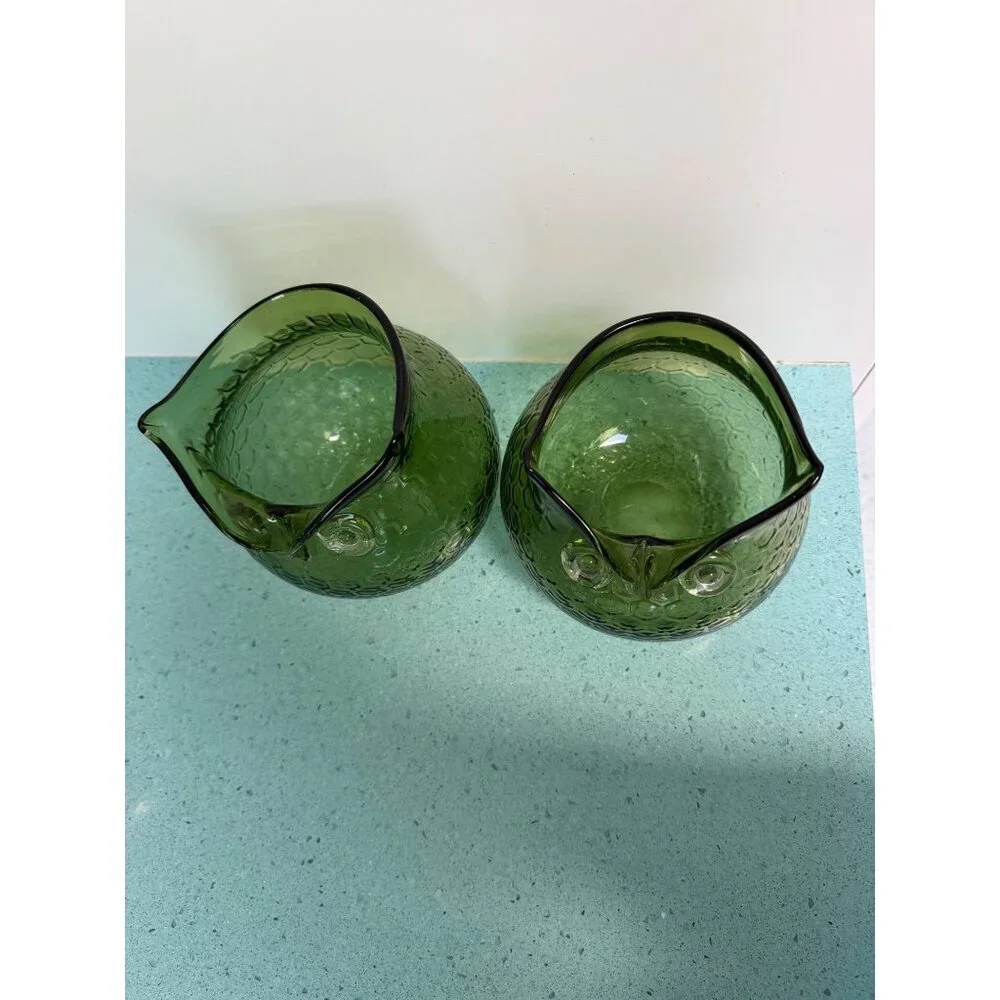 Vintage Set of 2 Hand-blown Art Glass Owls Green Honeycomb Pattern MCM
